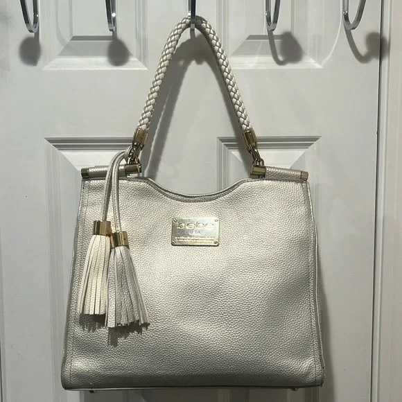 Bebe Natalie Satchel Purse silver and golds accents. - Picture 1 of 11